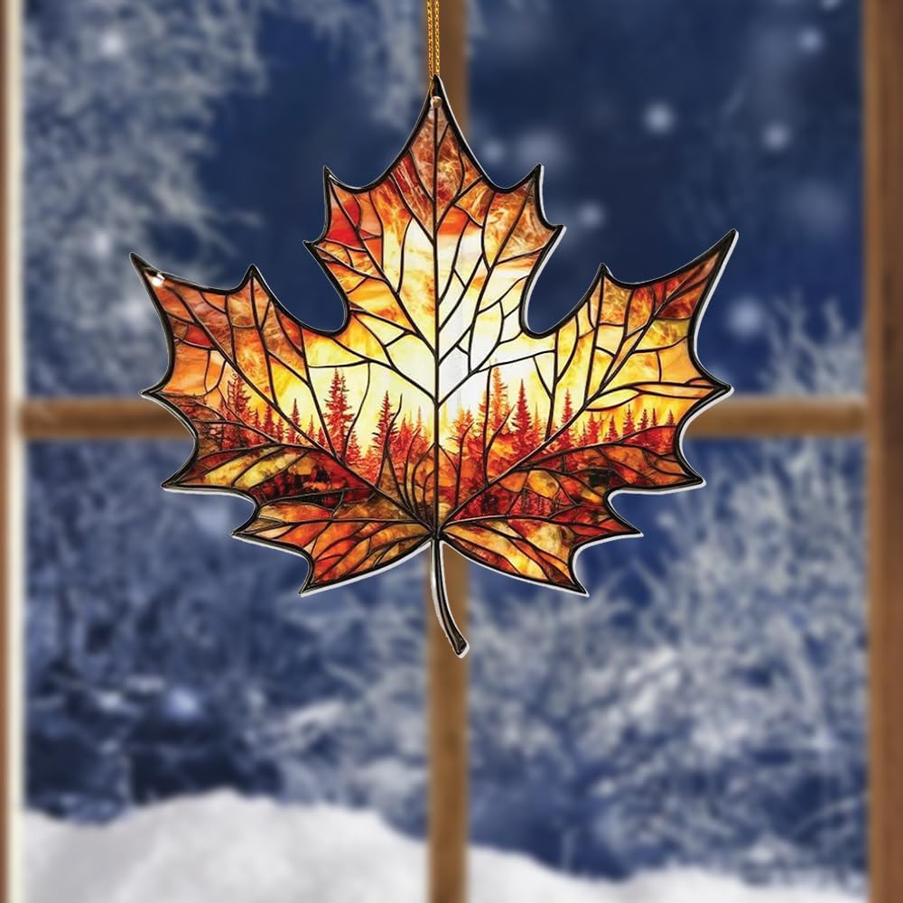 Stained Glass Acrylic Maple Leaf Ornament – Autumn & Christmas Tree Decoration 2025, Fall Harvest Sun Catcher, Nature-Themed Holiday Décor, Maple Leaf Gift for Home & Garden(Sun-14)