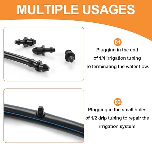 60 Pieces 1/4" Drip Irrigation End Plug Fittings:1/4'' Drip Single Barbed End Cap Connectors for 1/4 Inch Irrigation Tubing 1/2" Tubing Goof Hole Plugs for Garden Drip Line Systems