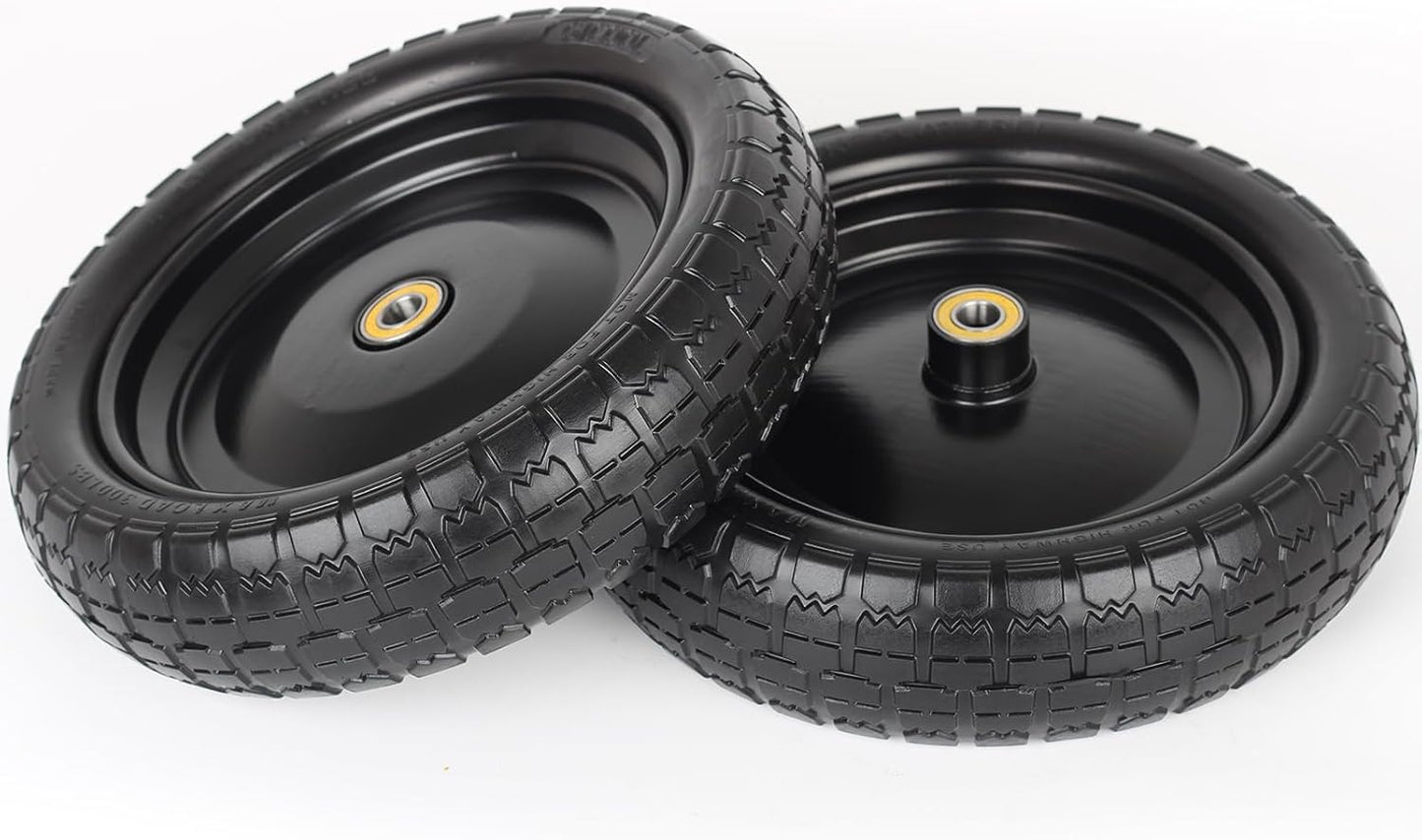 13" Flat-free Solid Tire and Wheel Replacement, with 5/8" Axle Bore Hole, 2.2" Offset Hub for Wheelbarrow Garden Wagon Trolley Dolly (4-pcs)