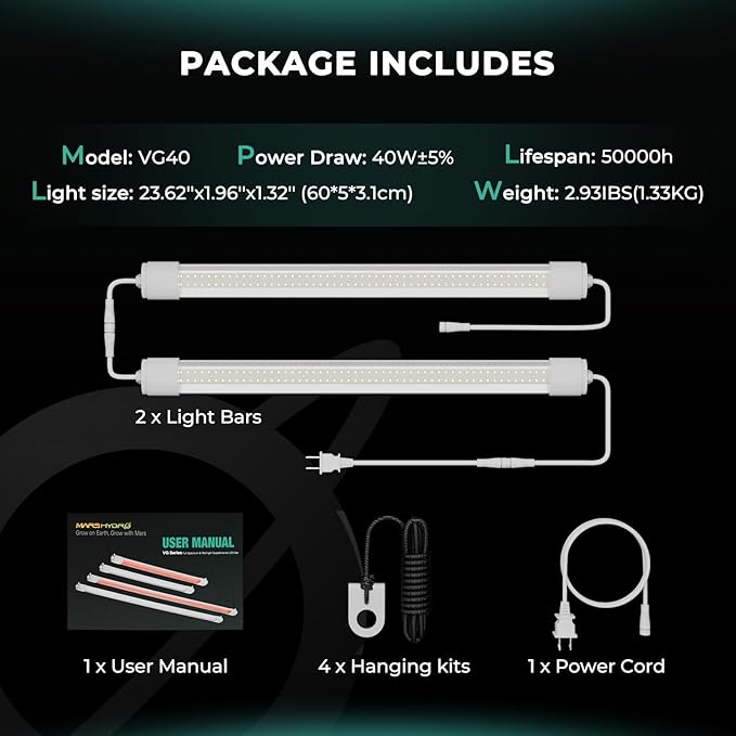 MARS HYDRO VG40, 2ft Grow Lights for Indoor Plants, 5000K Full Spectrum, 2x2 Coverage, IP65 Waterproof Linkable Under Canopy LED Plant Light Strip for Seedling Veg Flower, Plug and Play, 2-Pack 40W