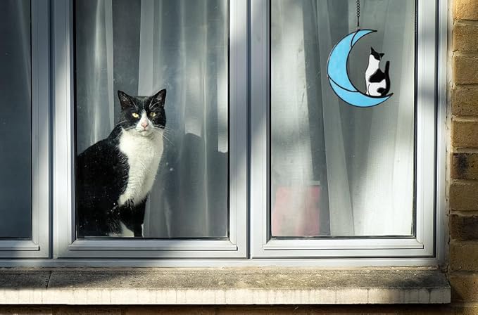 Black and White Cat Gifts,Cat Loss Sympathy Gift,Cat Memorial Gifts for Loss of Cat,Tuxedo cat Gifts,Cat Suncatcher,Stained Glass Cat Window Hanging