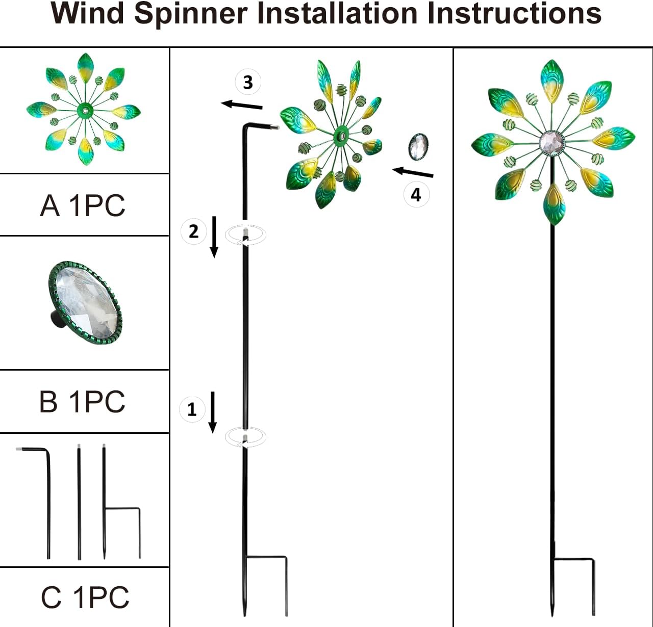 Metal Peacock Wind Spinner for Outdoor Garden Decor - 36 Inch Height Feather Wind Catcher with Stake, Lawn & Patio Art, Weather-Resistant Yar
