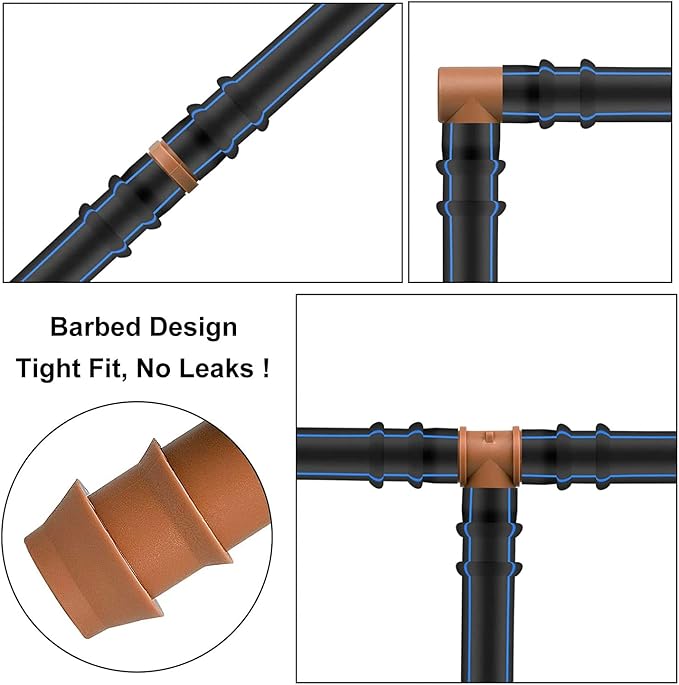 JAYEE 25 Pack Drip Irrigation Barbed Tee Fittings (17mm) for 1/2" Drip Hose(0.600”ID) ,Sprinkler Tubing Connector for Drip System