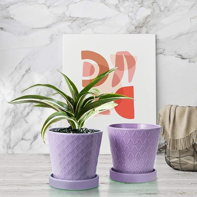 EFISPSS Flower Planter –5 inch Ceramic Plant Pots with Drainage Holes and Ceramic Tray - Gardening Home Desktop Office Windowsill Decoration Gift Set of 4 - Purple
