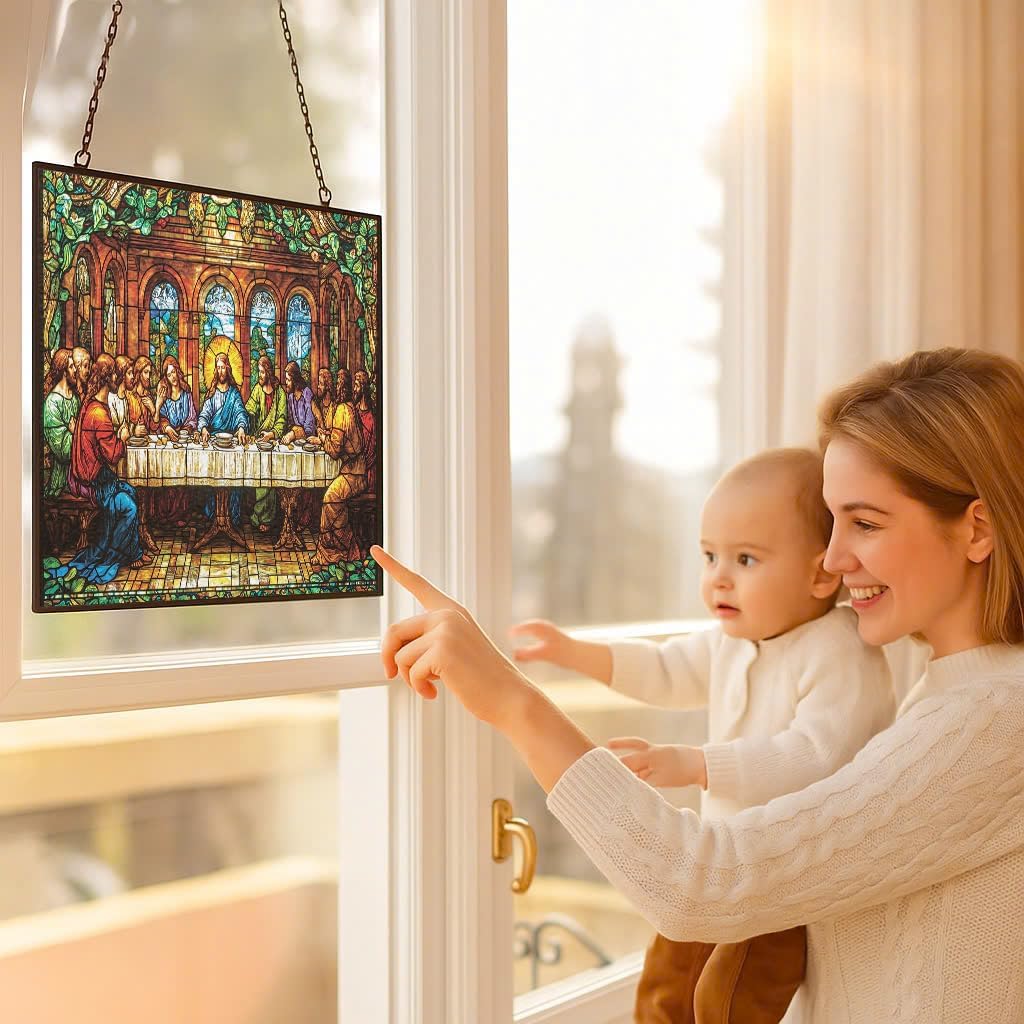 Customized Rectangle Art Nouveau Last Supper Stained Glass Suncatcher Stained Glass Window Hanging Home Decor Garden Halloween Christmas Party Wedding Housewarming Gifts