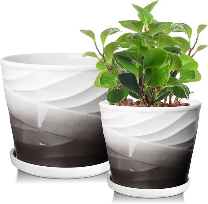 6.7 + 5.5 Inch Plant Pot, Ceramic Planter with Drainage and Saucer,Ceramic Pots for Plants, Indoor Plant pots,Ceramic Flower pots(Dark Gray+White)