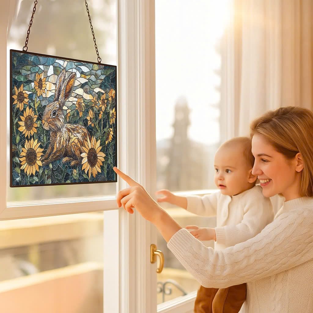 Customized Rectangle Art Nouveau Sunflower Rabbit Suncatchers for Windows, Stained Glass Window Hangings,Hand-Painted Glass Panel Perfect for Home Décor