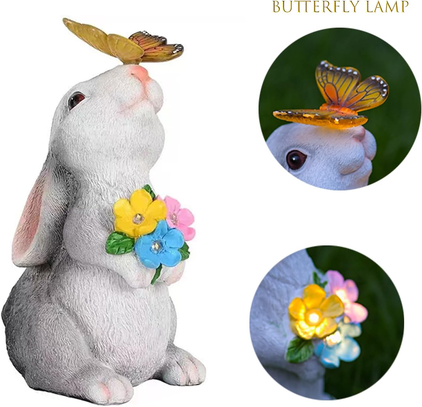 Solar Rabbit Outdoor Statues Garden Decor with Butterfly LED Lights Bunny Statue Decor for Patio Balcony Yard Lawn Ornament, Birthday Gardening Gifts for Mom Grandma Women