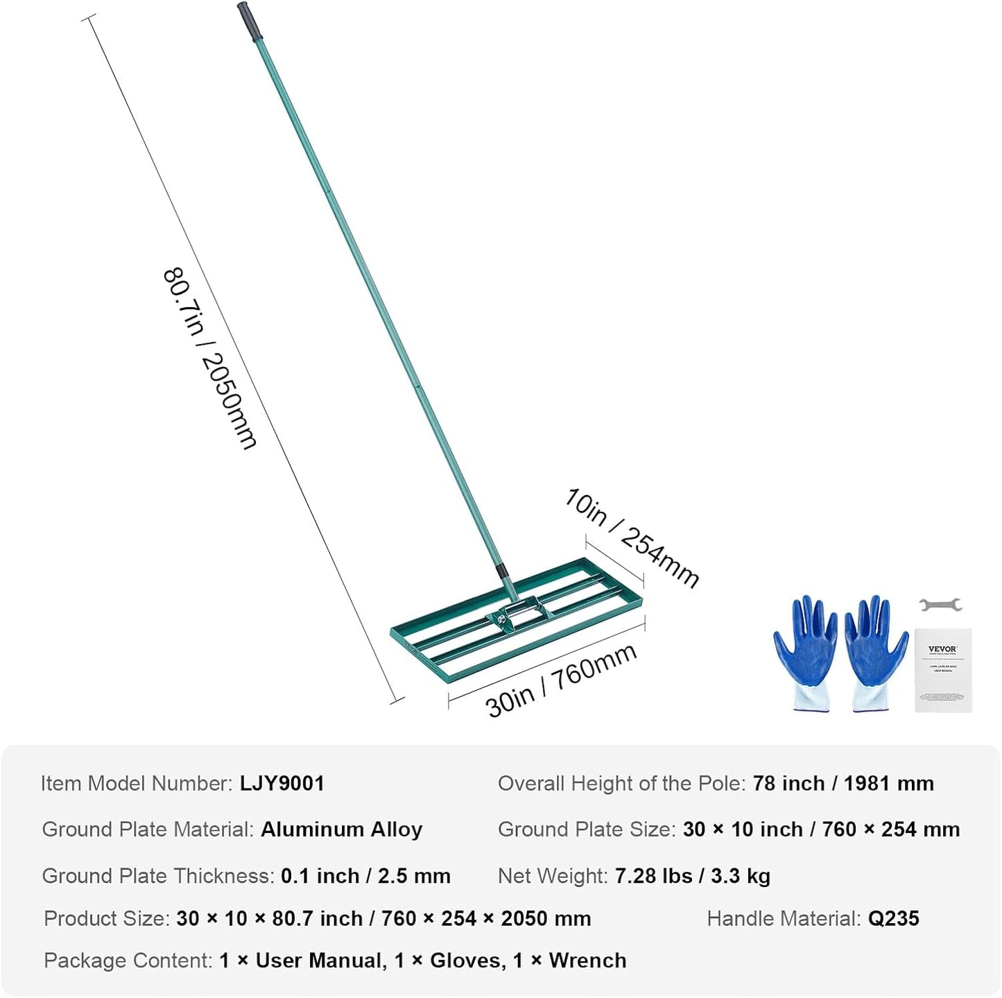 VEVOR Lawn Leveling Rake, 30" x10" Level Lawn Tool, Heavy-Duty Lawn Leveler with 78"" Steel Extended Handle, Yard Leveling Rake Suit for Garden, Golf Lawn, Farm, Green