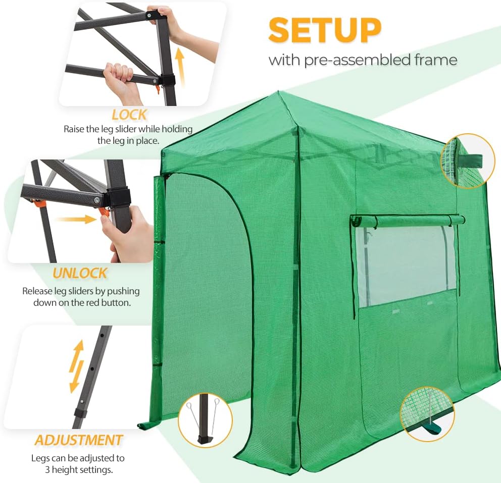 EAGLE PEAK Instant Pop-up Greenhouse, Indoor Outdoor Plant Gardening Green House, Roll-Up Zipper Doors and Side Windows, Lean-to 10x5 ft, PE Cover, Green/Clear