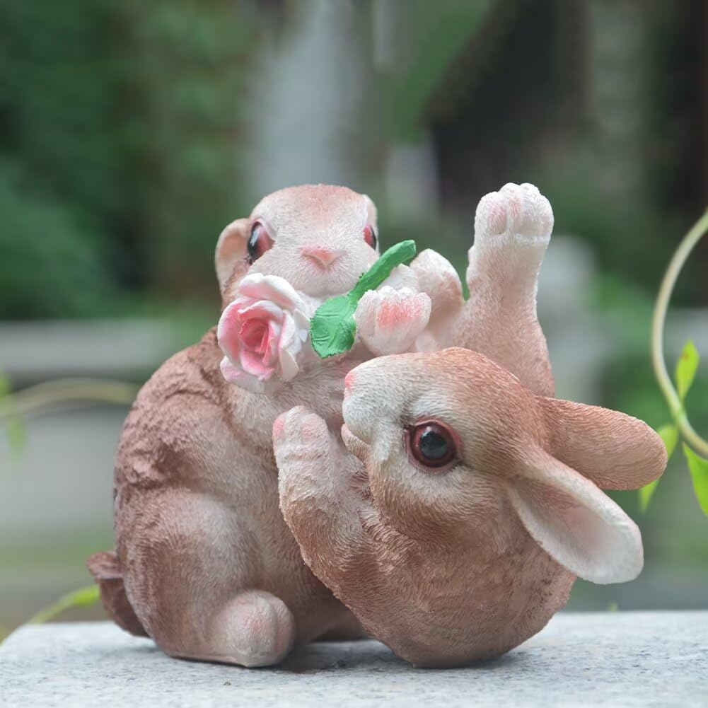 Garden Statues Bunny Decor Resin Flower Rabbit Figurine Cute Fairy Garden Decor Outdoor Statues for Patio Yard Porch Balcony Gifts for Women Mom Grandma Brown