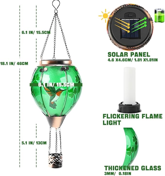 St Patricks Hot Air Balloon Solar Lantern - Patrick's Shamrock Glass Lantern, Simulated Flickering & Dancing Flame, Outdoor Hummingbird Hanging Yard Light for Patio Porch Decor Irish Clover Gift