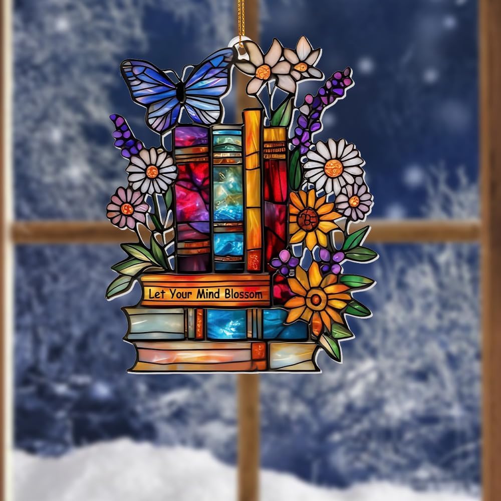 Book Ornament β Stained Glass Style Acrylic Christmas Ornament with,Teacher Back To School Gift, Bookish Gifts For Librarian, BookLovers,Reader, Women, Suncatcher Effect Decor For Christmas Tre,S-18