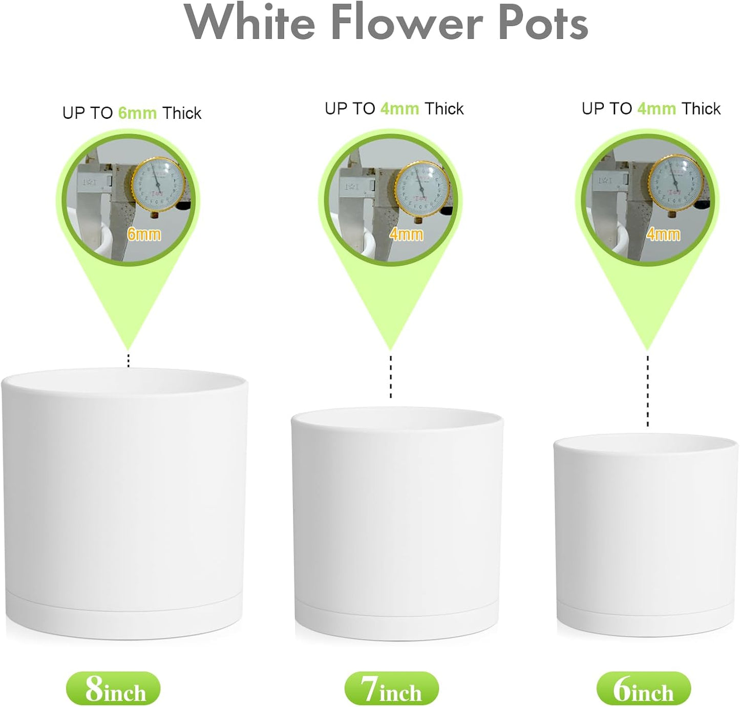 8/7/6 inch Plant Pots, Set of 3 Cylinder Flower Pots for Outdoor Indoor Plants, Decorative Plastic Planters with Drainage Holes and Saucers for Garden House Plants, White