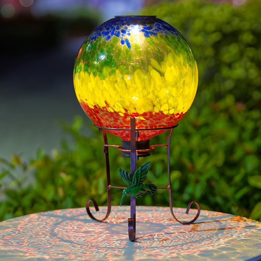 Stargarden Solar Powered Gazing Ball, 10 Inch Glass Gazing Globe, Decorative Gazing Balls with Metal Ball Stand, Colorful Solar Globes for Patio, Lawn, Garden Decor