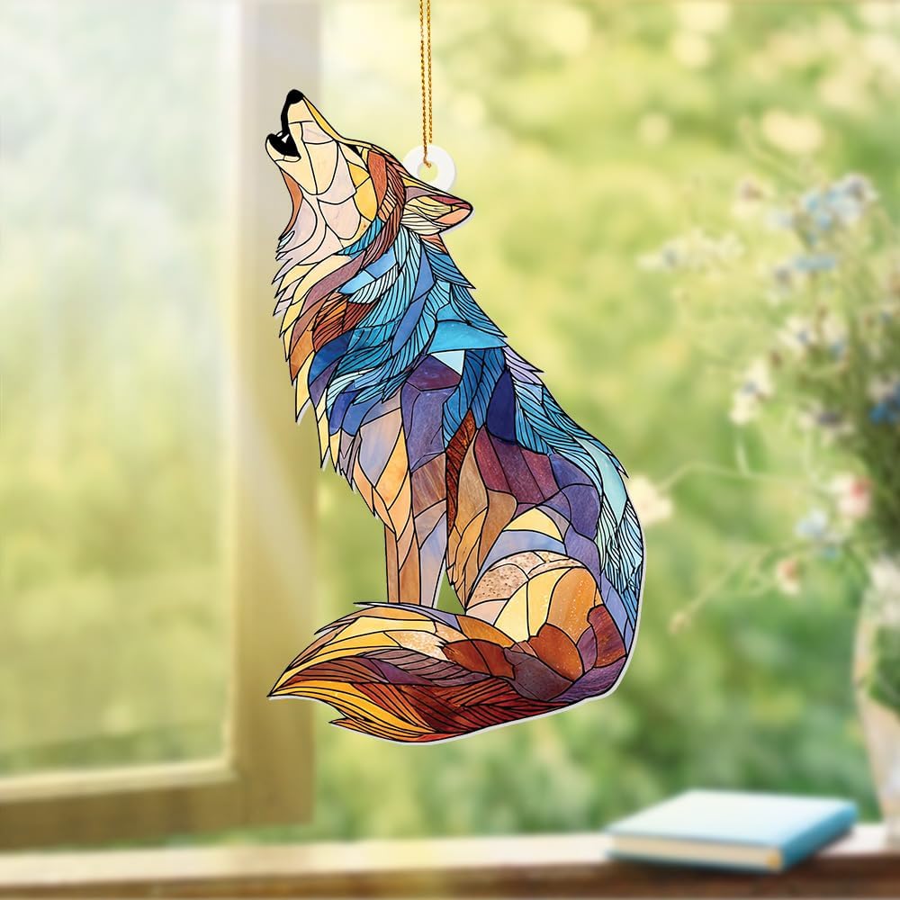 Wolf Stained Glass Ornament, Howling Wolf Window Hanging Acrylic Suncatcher, Wildlife Animal Decor for Home, Car Mirror, Office, Collectible Ornament Gift for Wolf Lovers (Sun-09)