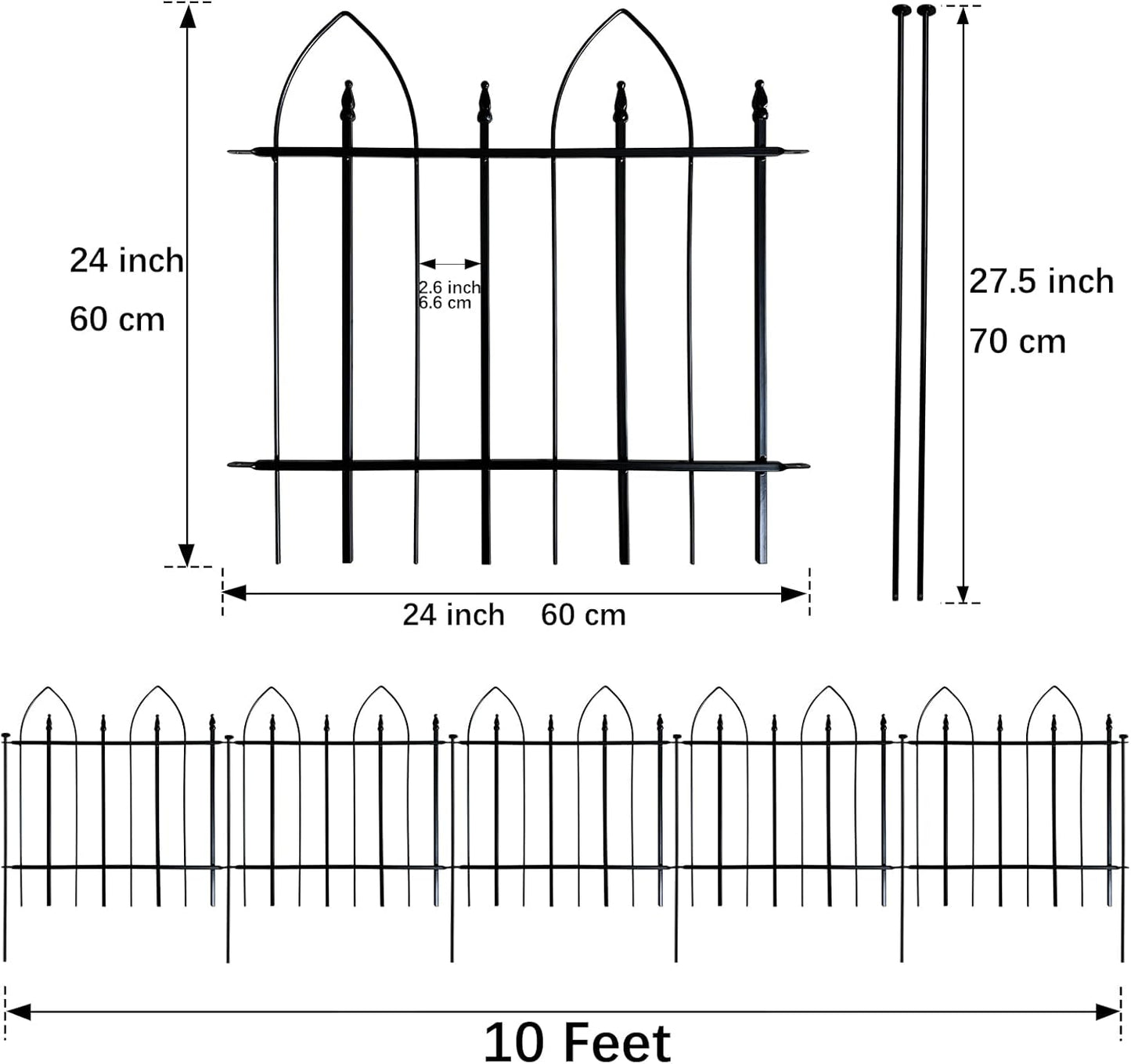 Garden Fence 24" H x 24" W (5 Panels, Total Length 10 feet), Metal Decorative Border Folding Fence, Landscape Fencing for Dog, Flower Bed, Yard, Animal Barrier