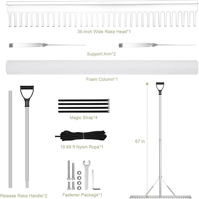 Landscape Rake, 36" Aluminum Heavy Duty Lake Weed Rake, Multifunctional Detachable Aquatic with 67'' Extension Handle & 20Ft Rope, for Weed Algae Removal Loosening Soil Lawn Garden Care