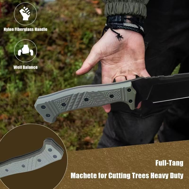 Machete w Kydex Sheath, 15'' Camping Machetes for Cutting Trees Heavy Duty,DC53 Steel Blade - 62 HRC, Full Tang Survival Machete w Firestarter, Non-Slip Handle, Ideal for Yard Work, Hunting,Outdoor