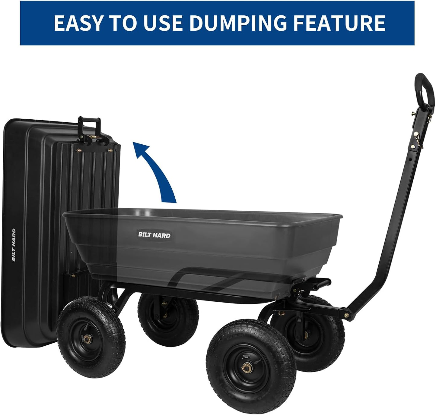 BILT HARD 1200 lbs 7 Cu Ft Poly Garden Dump Cart with 2-in-1 Convertible Handle, No Flat Tires, Quick Release, Dump Wagon Heavy Duty for Yard, Outdoor