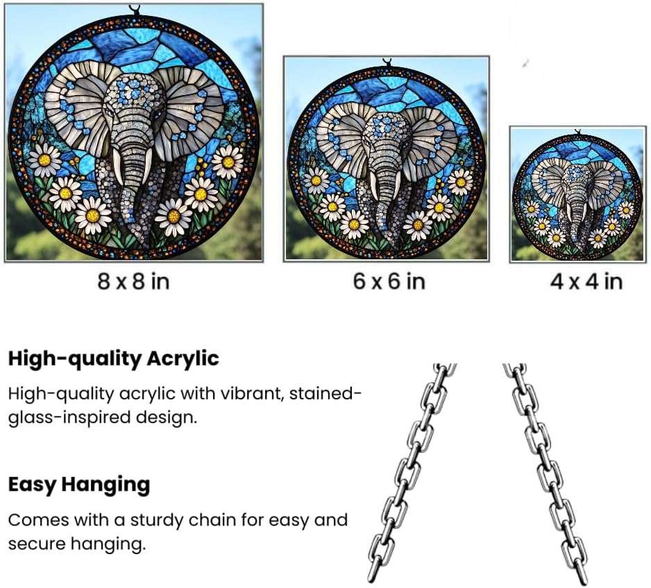 Floral Elephant Acrylic Suncatcher Window Hanging Faux Stained Glass Decor Nature Lover Gift Moms Gift
