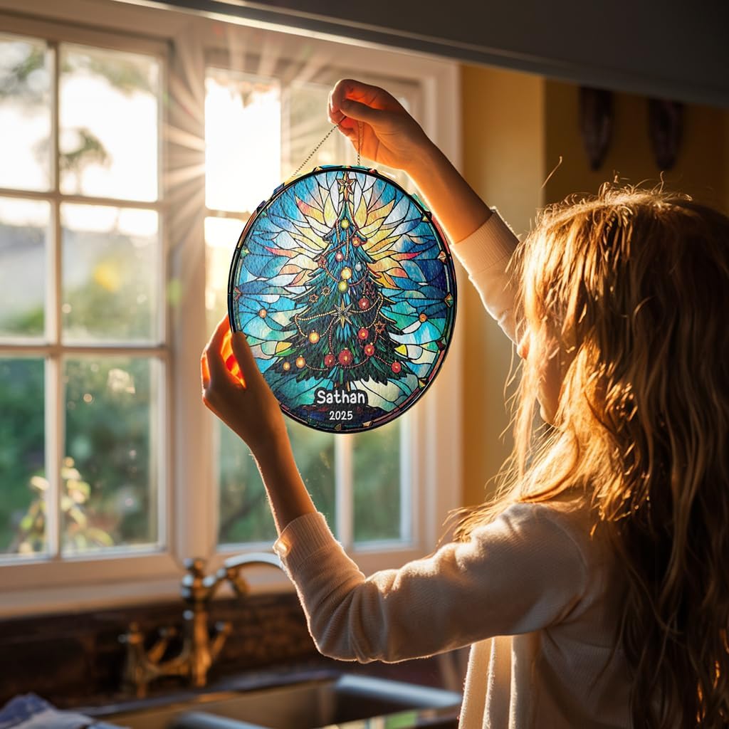 Personalized Stained Glass Christmas Tree Suncatcher, Christmas Handcraft Holiday Ornament with Name and Number, Gift for Family or Friend, Gift for Décor