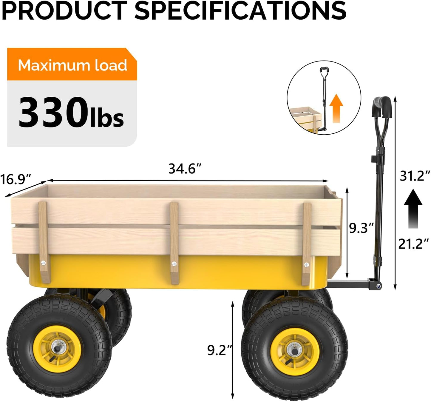 VINGLI Wagon Cart, Steel Frame and Wood Coated Railing, 330lbs All Terrain Wagon 9.2in Solid Tires for Garden and Outdoor (Yellow)