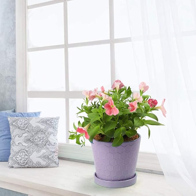 EFISPSS Flower Planter –5 inch Ceramic Plant Pots with Drainage Holes and Ceramic Tray - Gardening Home Desktop Office Windowsill Decoration Gift Set of 4 - Purple
