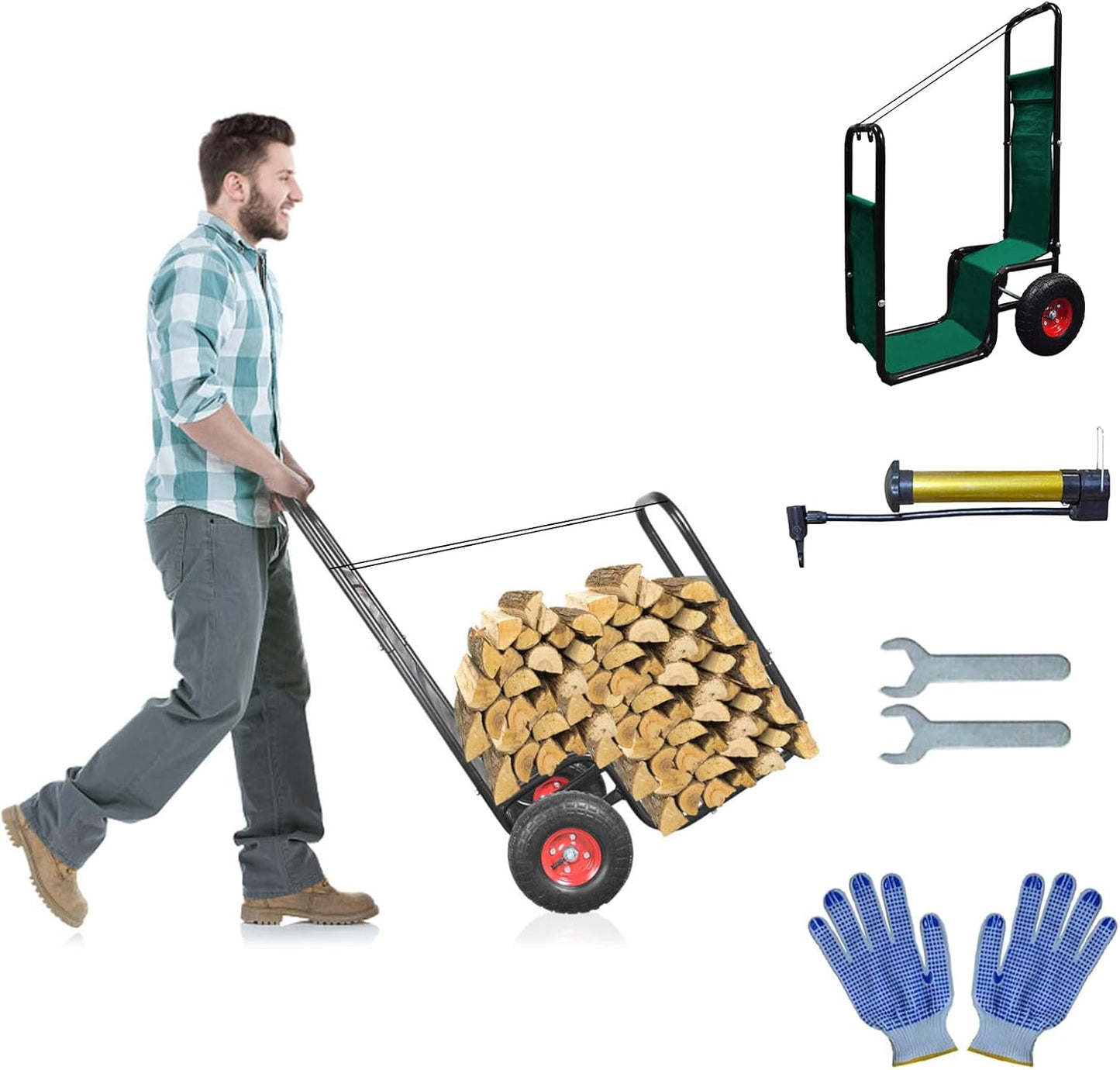 Firewood Cart: 44 X 27 X 20 in Heavy Duty 220 lbs Load Capacity Waterproof Easy Assembly Rack for Indoor Garden Backyard Fireplace Men Women Use with Pneumatic Rubber Wheels