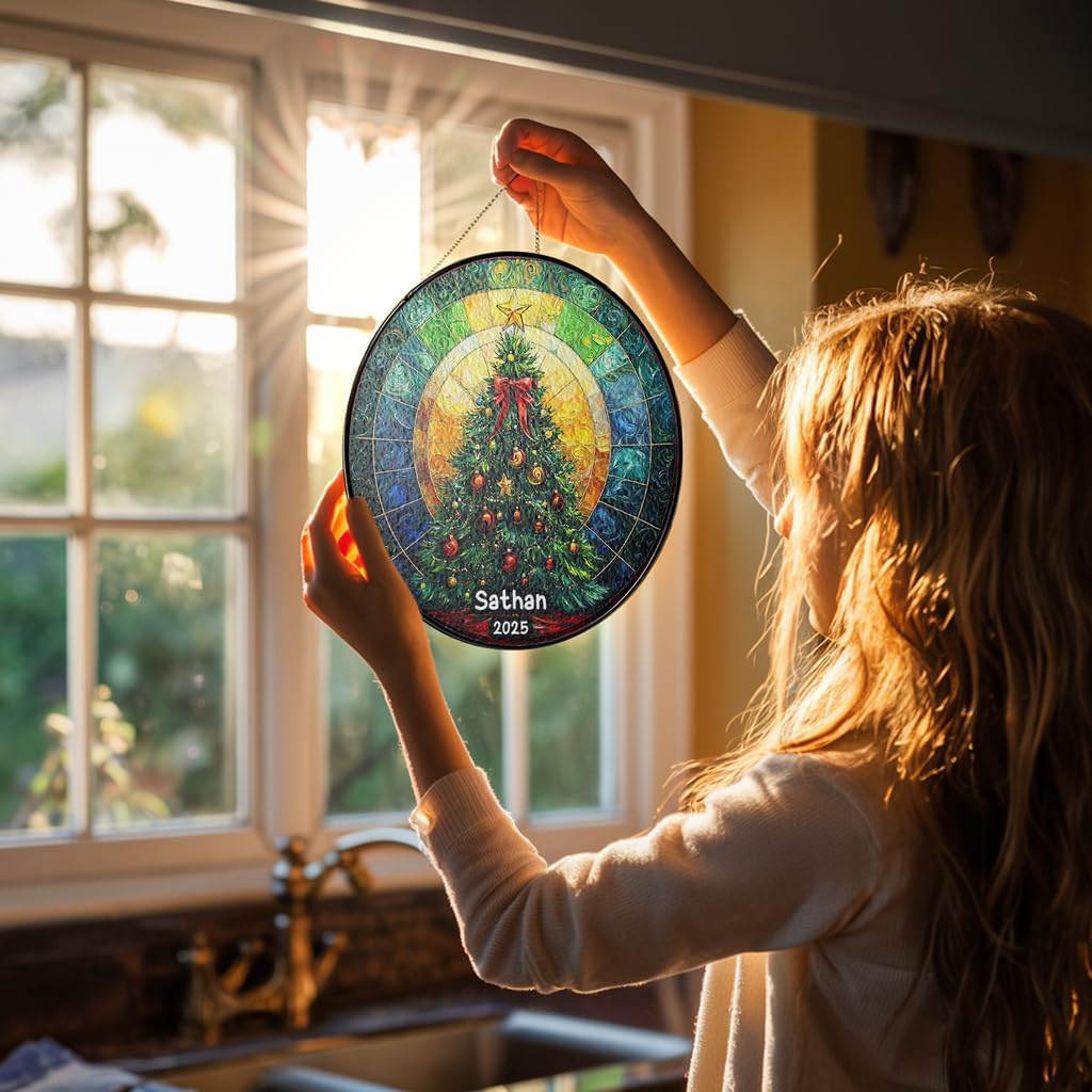 Personalized Stained Glass Christmas Tree Suncatcher, Christmas Handcraft Holiday Ornament with Name and Number, Gift for Family or Friend, Gift for Décor