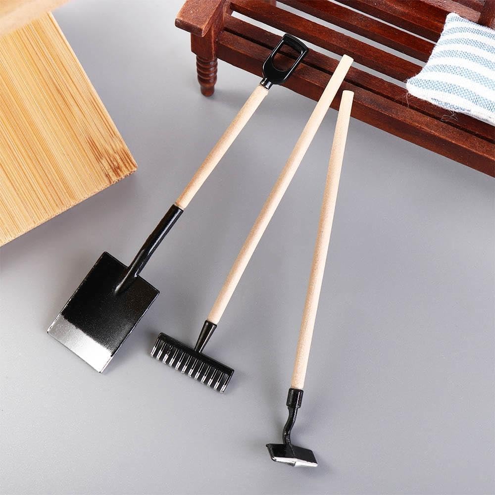 3Pcs Miniature Garden Tools 1:12 Mini Shovels and Rake Farm Tools Fairy Garden Furniture Dollhouse Accessories (Red)
