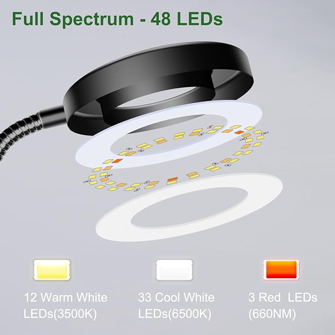 wolezek 2 in 1 Grow Lights for Indoor Plants, 3 Colors Plant Lights for Indoor Growing with 360ยฐ Gooseneck, 48 LEDs Full Spectrum Plant Grow Lights Indoor, 6/12/16H Timer, 5 Brightness, Black 2 Pack