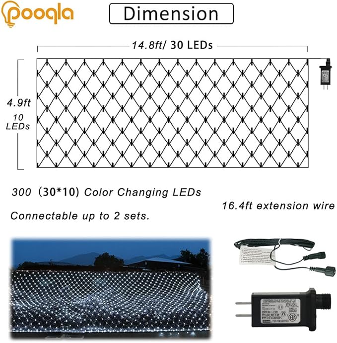 Pooqla Net Lights, 300LED Christmas Outdoor Mesh Light, 14.8x4.9 ft Fairy String Mesh Light 8 Modes Green Wire, Connectable Waterproof Decorative Light for Bushes Tree Garden Halloween, Cool White