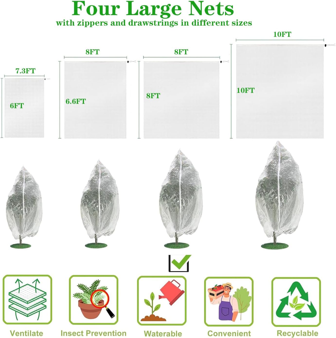 8×6.6Ft Fruit Tree Netting Cover Protect Tomato Blueberry Bushes Strawberry from Insect/Cicada/Bug/Squirrel/Deer, Bird Garden Mesh Netting Plant Cover Pest Barrier with Drawstring/Zipper