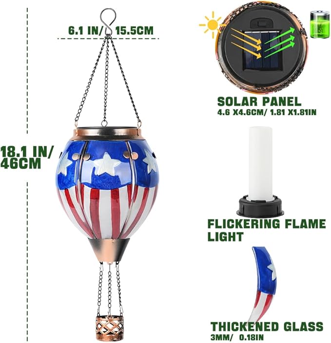 Hot Air Balloon Solar Lantern - U.S Flag Patriotic Glass Lantern, Simulated Flickering & Dancing Flame, Outdoor Hanging Yard Light Waterproof IP65, Ideal 4th of July Gift for Patriot Patio Decor