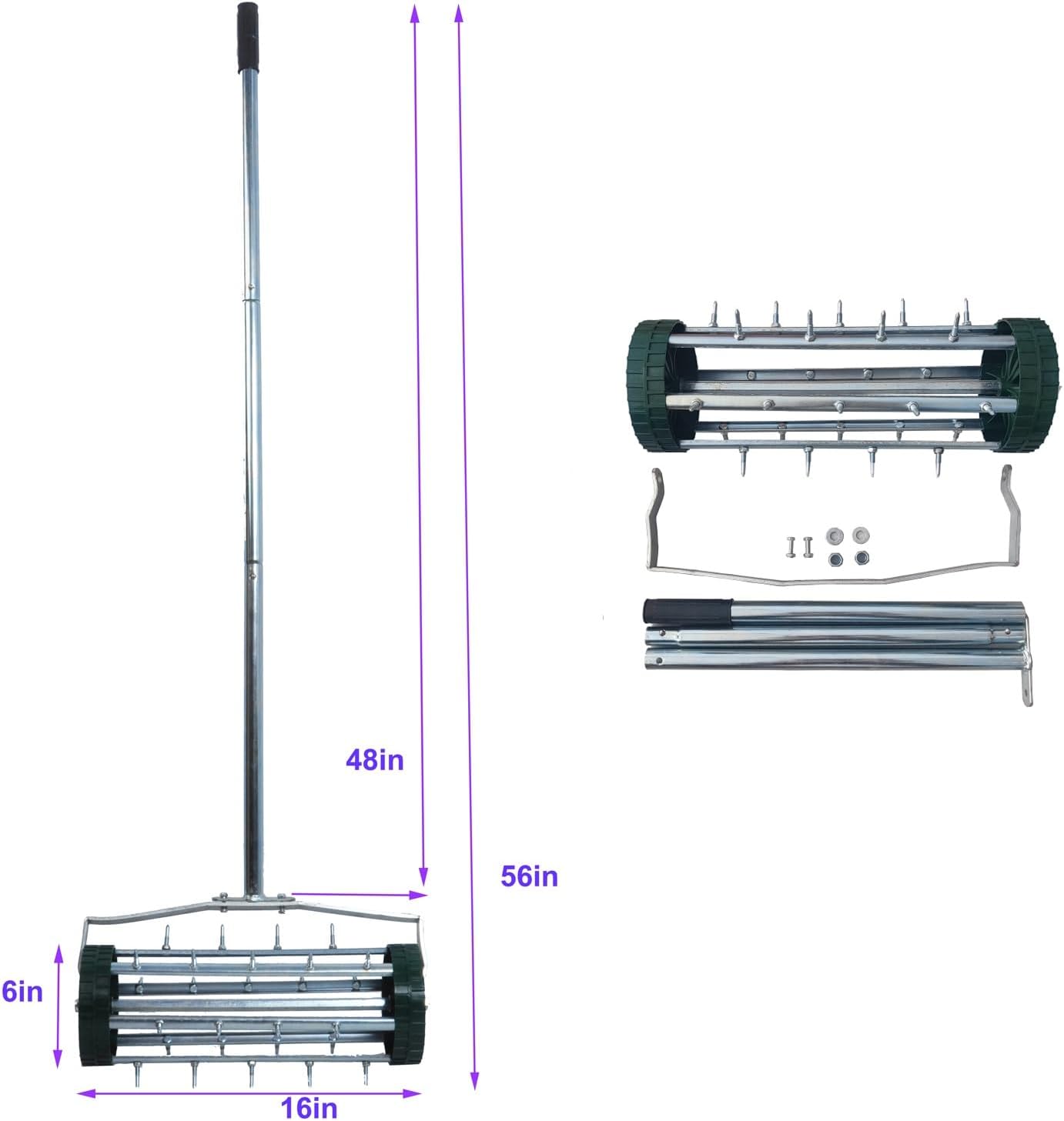 Heavy Duty Rolling Lawn Aerator, Rotary Push Tine Spike Aerator with 1.4-Inch Spikes, 57-Inch Steel Handle, Garden Yard Grass Maintenance Manual Aerator Tool for Improved Soil Aeration Silver