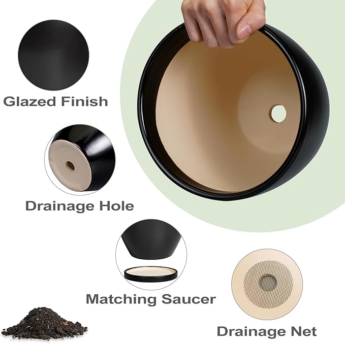 Ceramic Planter - 10 Inch Plant Pot with Drainage Hole and Tray, Round Flower Pots, Planters for Indoor Plants, Modern Room Garden Patio Bathroom Living Room Porch Home Decor, Black