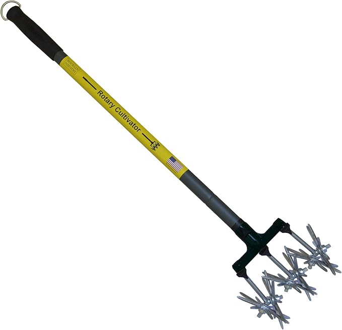 Rocklin Rotary Cultivator Tool - 60β Extra Long Handle - Reinforced Tines - Reseeding Grass or Soil Mixing - All Metal, No Plastic Structural Components - Cultivate Easily