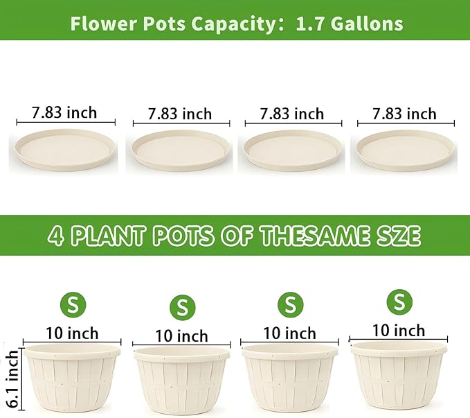 Quarut 10 inch Plastic Flower Pots for Indoor Plants,4 Pack Large Outdoor Planter Pot with Drainage Holes & Saucers,Imitation Wine Barrel Design,for Indoor Outdoor Garden Plants(Beige)