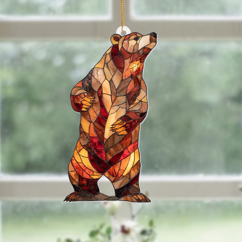 Stained Glass Acrylic Bear Ornament 2025 – Handcrafted Wildlife Christmas Tree Decoration, Rustic Lodge Cabin Décor, Window Hanging Suncatcher Gift for Nature & Animal Lovers (Sun-02)