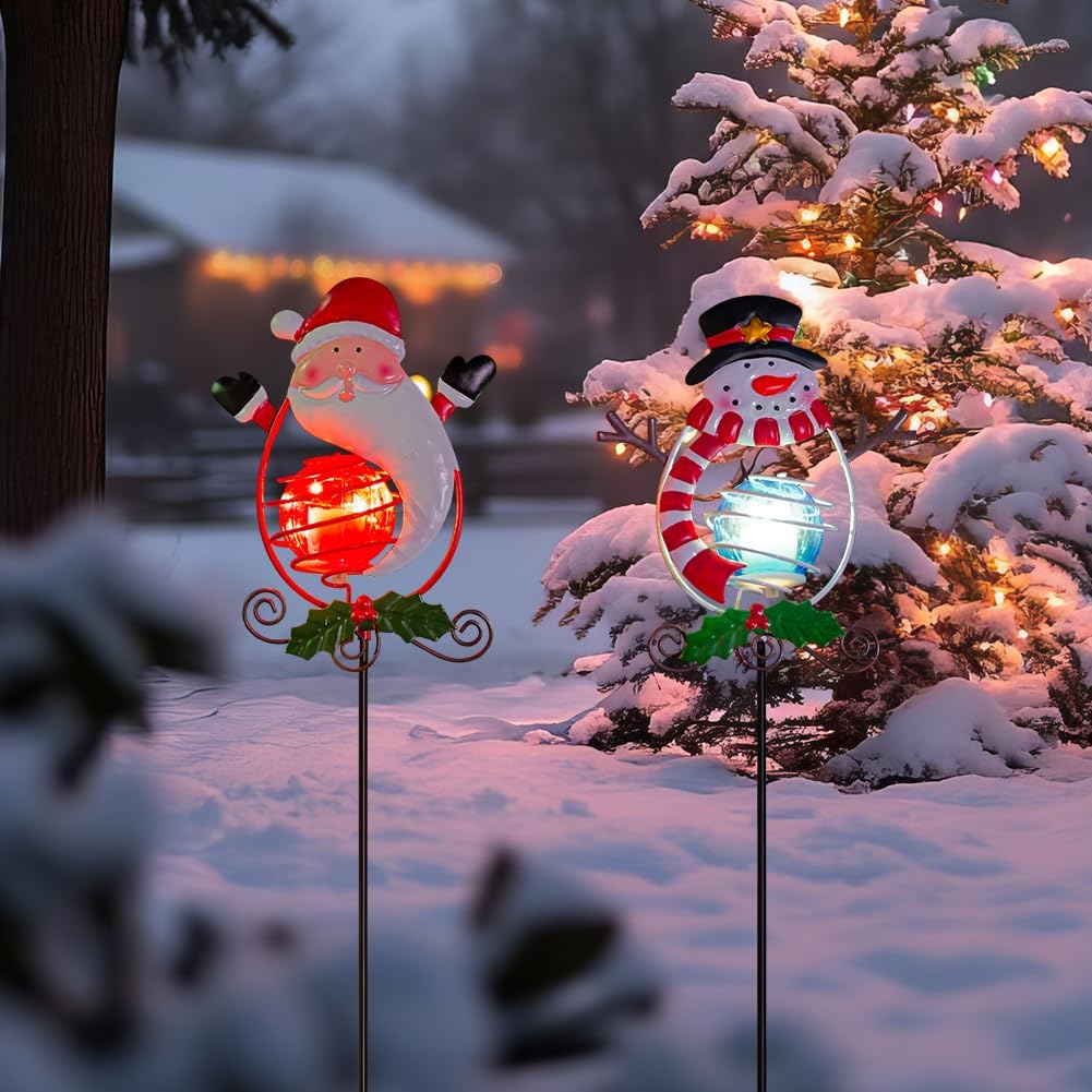 Christmas Solar Garden Lights Outdoor,2 Pack Xmas Santa Claus Snowman Solar Stake Lights,Christmas Decorations Outdoor Present for Yard Garden Patio Decor