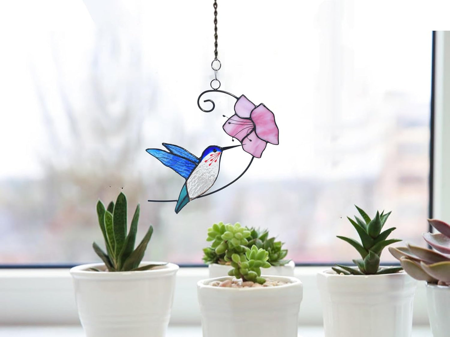 Lolitarcrafts Hummingbird with Flower Stained Glass Suncatcher Bird Stained Glass Window Hangings Hummingbird Gift for Home Decor (Blue with Flower)