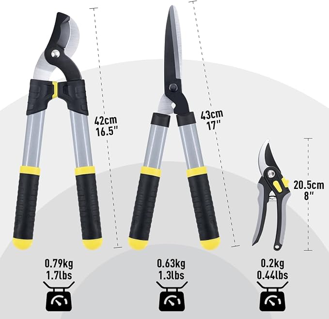 Colwelt Loppers Hedge Clippers Garden Shears 3Pcs, Compact Garden Loppers Shear Set with 17?™â€?Bypass Branch Cutters & Hedge Shears & Pruners, Tree Shrub Care Kit for Lopping with Soft Grip Handle