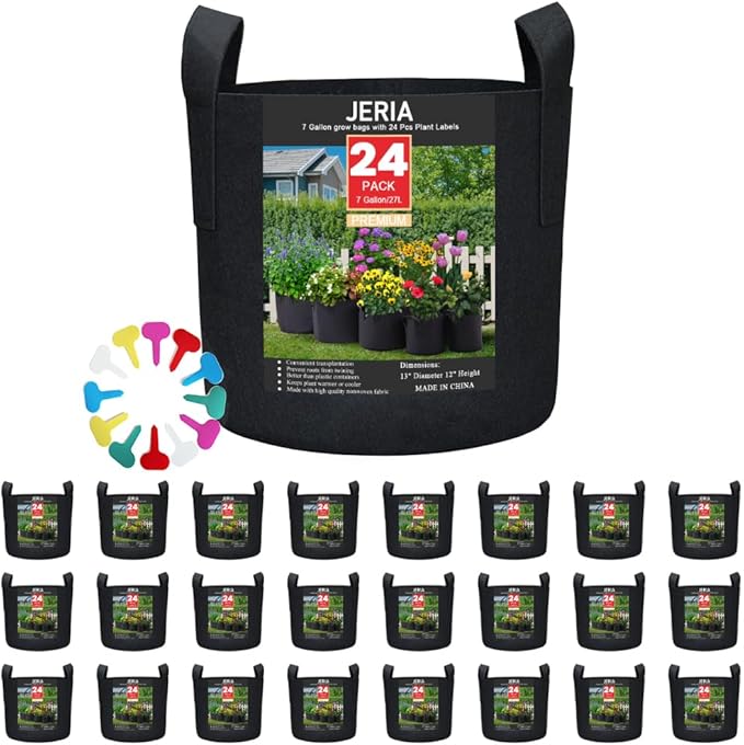 JERIA 24-Pack 7 Gallon Nonwoven Grow Bags, Plant Grow Bags,Heavy Duty Aeration Fabric Pots with Durable Handles, Come with 24 Pcs Plant Labels