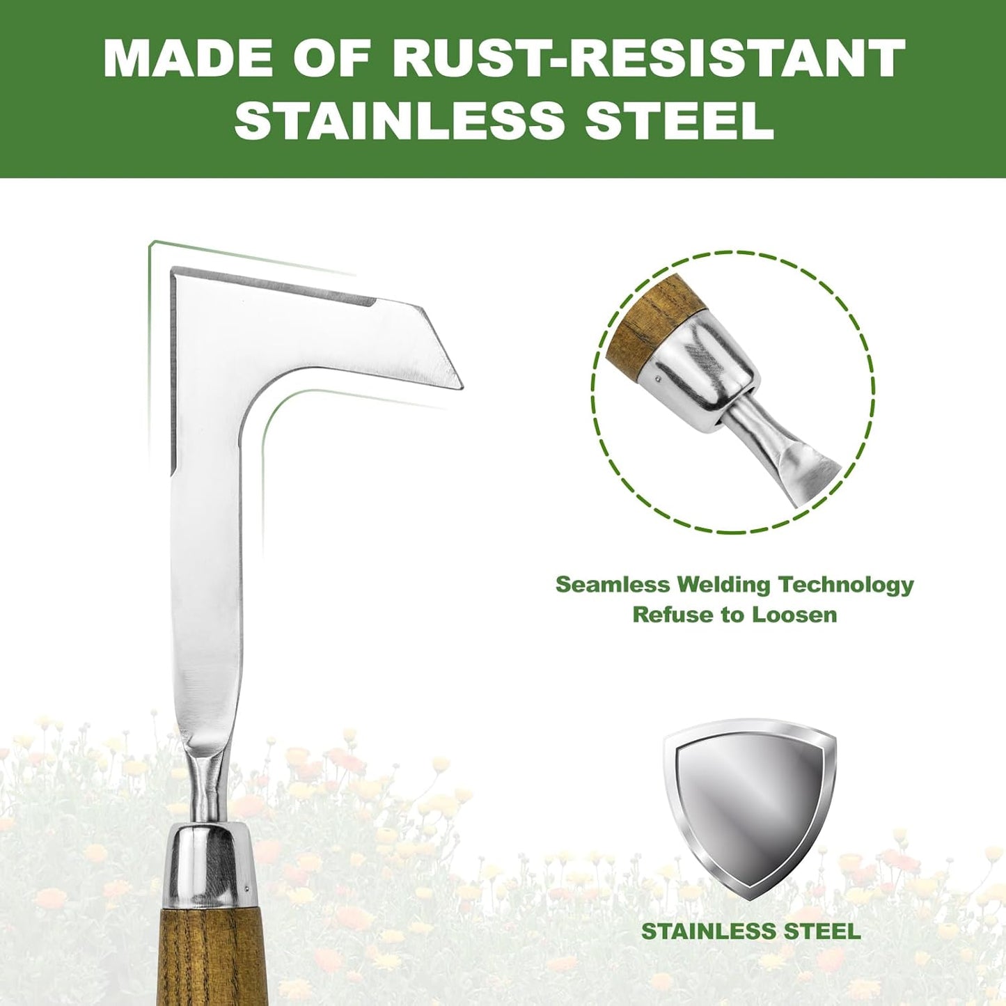 Haliaeetus Crack Weeder, L-Shape Stainless Steel Crevice Weeding Tool, Comfortable Grip Wood Handle Paver Weeder, 11'' Sidewalk Weed Removal Tool for Garden Lawn, Bricked Patio and Terrace Paving Moss