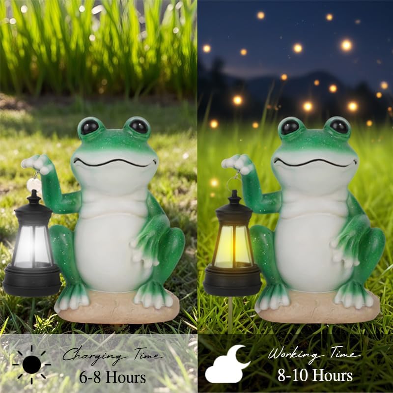 Frog Garden Statues with Solar Lantern, Outdoor Figurine Resin Sculpture Hanging Solar Power Lights for Decoration Yard Patio Balcony Lawn Ornament Art Decor, Unique Gift for Grandma Wowen Mom