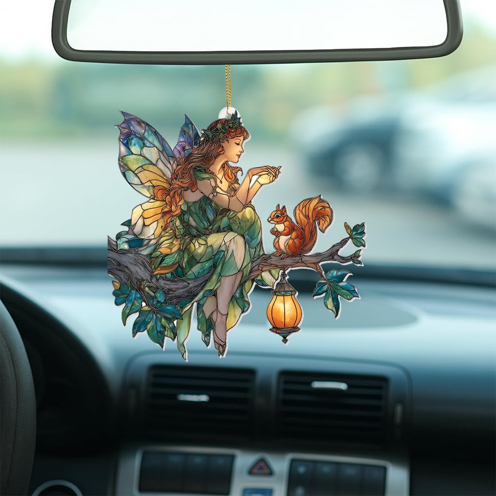 Fairy Ornament Acrylic Suncatcher β Stained Glass Style Fairy Sitting on Branch with Squirrel & Lantern, Fantasy Window Hanging Decor, Enchanted Forest Ornament, for Women (Sun-33)