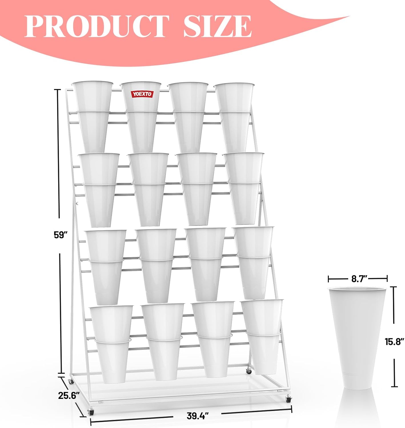 Flower Display Stand with Buckets, 4 Layers 16 PCS Buckets Plant Stand with Wheels, Movable Metal Plant Stand for Terrace Garden, Living Room, Florist Shop (White Frame - White Buckets, 4-Tier)
