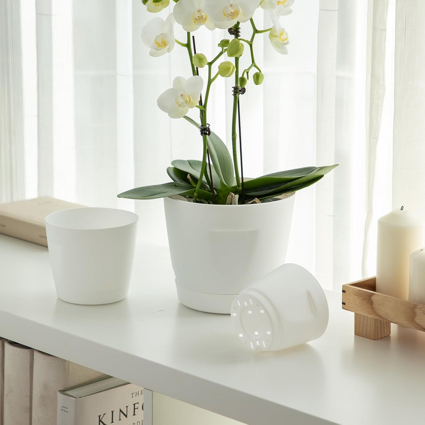 5 Pack Plastic Planters with Drainage, Self Watering Pots for Indoor Plants, Small Cute Plastic Pots in 5 Sizes, Ideal for Indoor Plants (White)