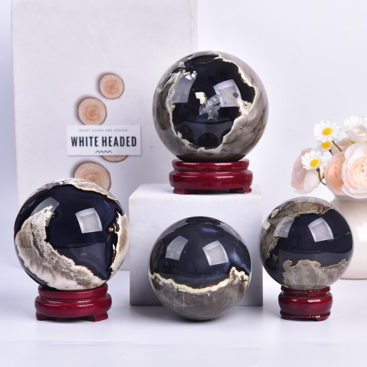 JIC Gem 2.7-3.1 inch(70-80mm) Large Volcanic Agate Crystal Sphere Quartz Crystal Ball with Stand Healing Ornament Witchcraft Meditation Decor
